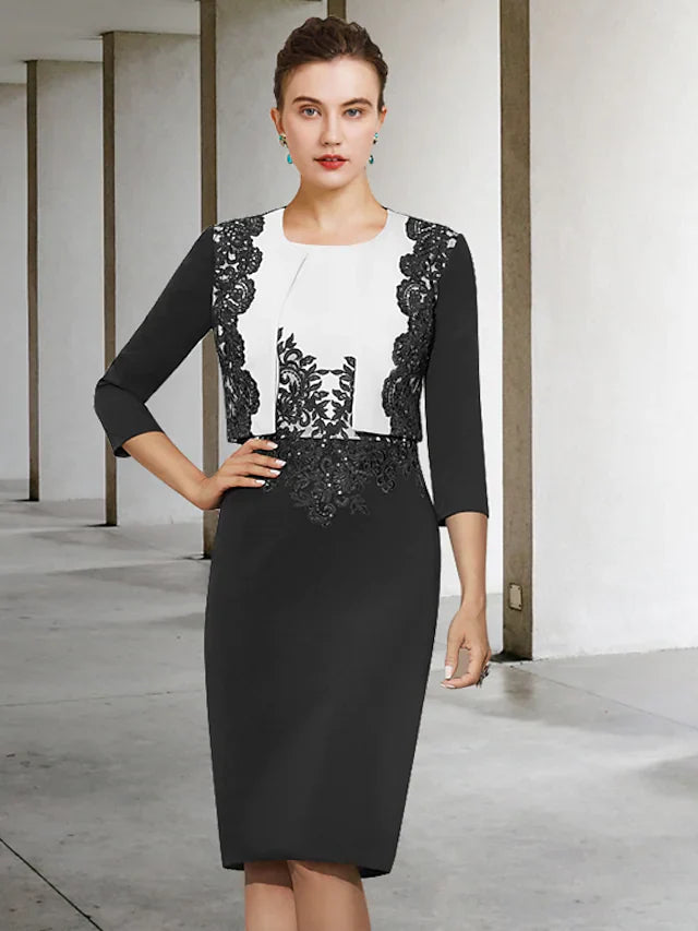 Wholesale Mother of the Bride Dress Elegant Jewel Neck Knee Length Lace Stretch Fabric Half Sleeve with Appliques