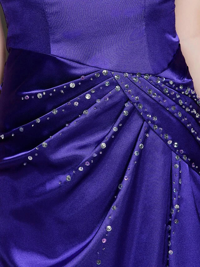 Wholesale Mother of the Bride Dress Elegant Off Shoulder Floor Length Stretch Satin Sleeveless with Beading Side Draping