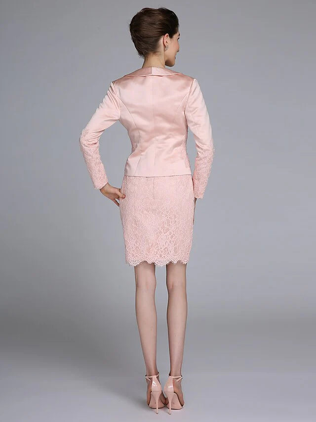 Wholesale Mother of the Bride Dress Convertible Dress Scoop Neck Short Mini Lace Satin Long Sleeve with Lace Appliques