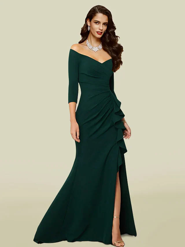 Wholesale Mermaid Trumpet Mother of the Bride Dress Elegant Sexy V Neck Off Shoulder Court Train Stretch Fabric Length Sleeve with Draping Split Front