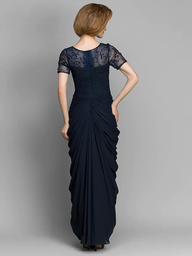 Wholesale Mother of the Bride Dress Elegant Bateau Neck Floor Length Chiffon Short Sleeve with Ruched Beading