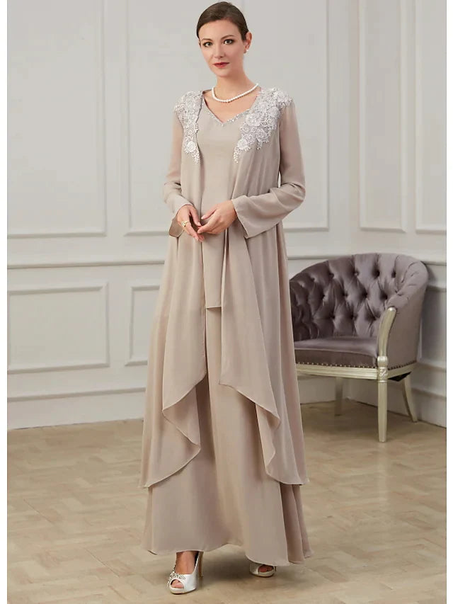 Wholesale A-Line Mother of the Bride Dress Elegant Jewel Neck Floor Length Polyester Long Sleeve with Appliques