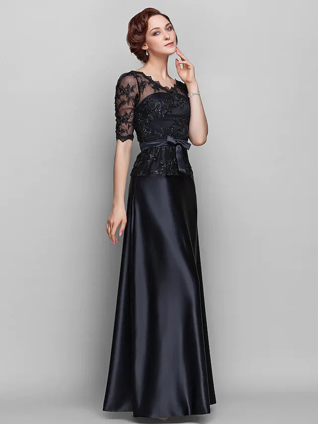 Wholesale A-Line Mother of the Bride Dress See Through V Neck Floor Length Lace Satin Half Sleeve with Lace Bow(s) Beading