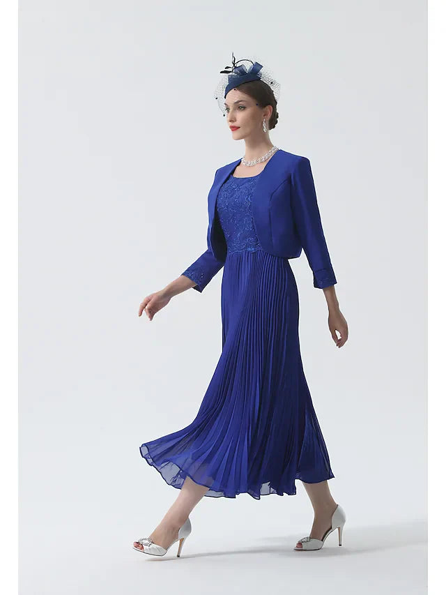 Wholesale Two Piece Mother of the Bride Dress Elegant & Luxurious Wrap Included Scoop Neck Tea Length Chiffon 3/4 Length Sleeve with Lace Ruching