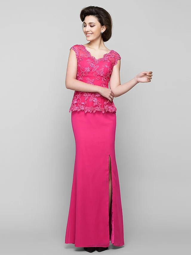 Wholesale Mother of the Bride Dress Furcal V Neck Floor Length Chiffon Lace Sleeveless with Lace Ruched