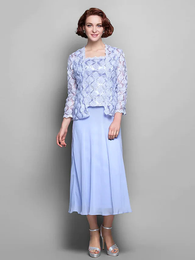 Wholesale Mother of the Bride Dress Wrap Included Straps Tea Length Chiffon Lace Long Sleeve with Lace