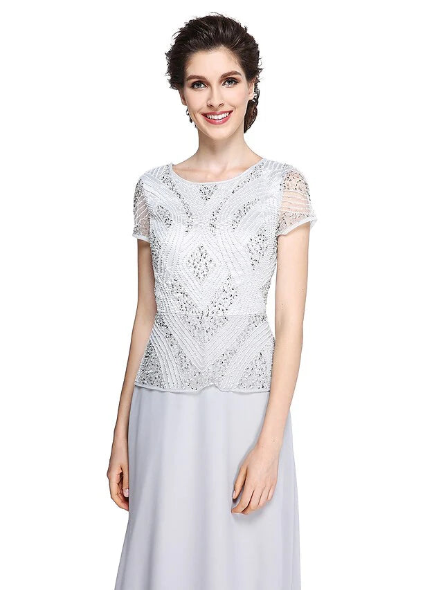 Wholesale Mother of the Bride Dress Jewel Neck Floor Length Chiffon Short Sleeve with Beading Sequin