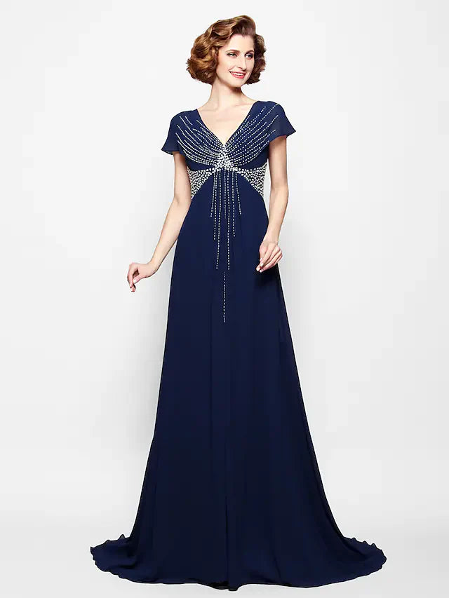 Wholesale A-Line Mother of the Bride Dress V Neck Court Train Georgette Short Sleeve with Beading Sequin