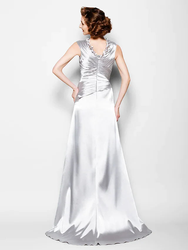 Wholesale A-Line Mother of the Bride Dress V Neck Stretch Satin Sleeveless with Criss Cross Beading Side Draping