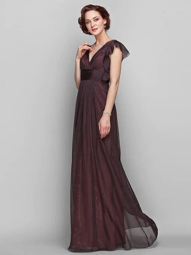 Wholesale Mother of the Bride Dress Beautiful Back V Neck Floor Length Chiffon Short Sleeve with Criss Cross Ruched Draping