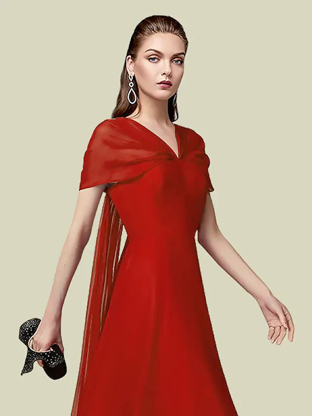 Wholesale A-Line Mother of the Bride Dress Elegant V Neck Floor Length Chiffon Short Sleeve with Pleats