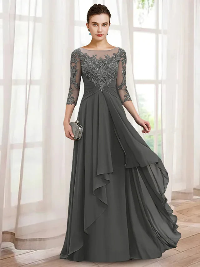 Wholesale A-Line Mother of the Bride Dress Elegant V Neck Floor Length Chiffon Lace Length Sleeve with Ruffles Appliques