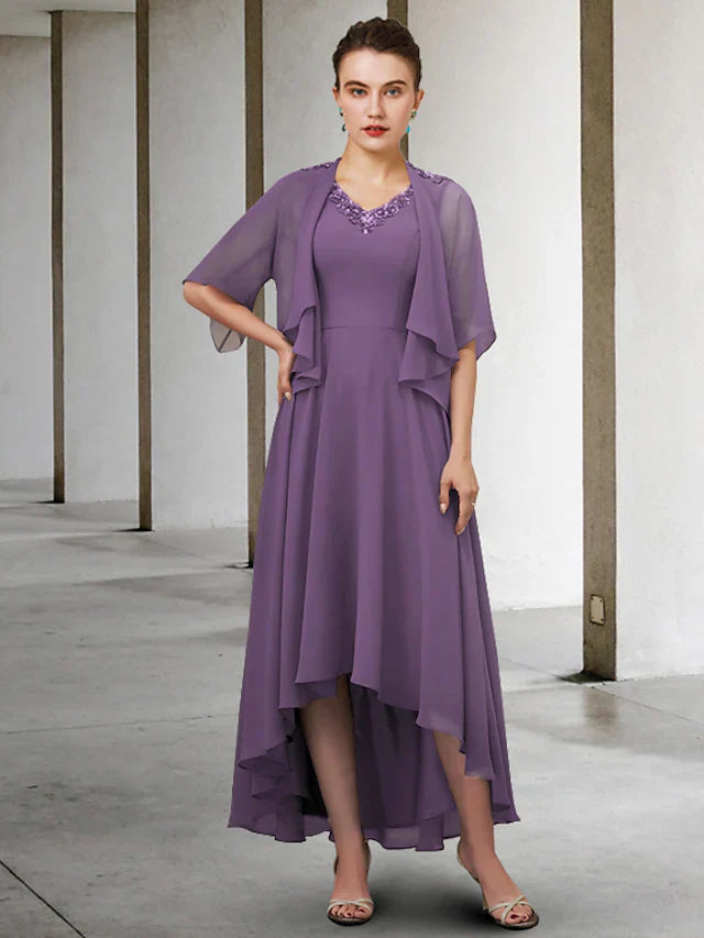 Wholesale Two Piece A-Line Mother of the Bride Dress Elegant V Neck Asymmetrical Chiffon Half Sleeve with Pleats