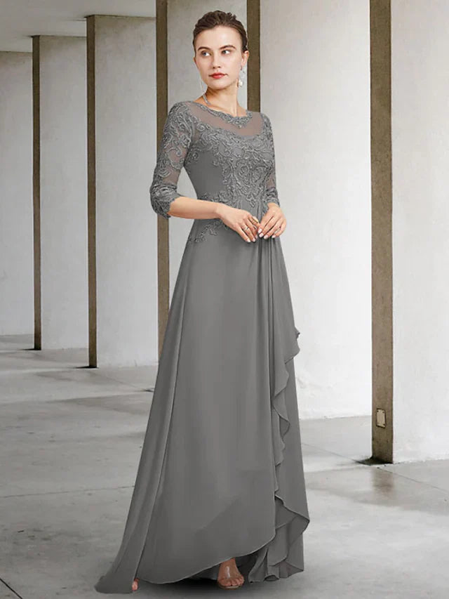 Wholesale A-Line Mother of the Bride Dress Elegant Jewel Neck Floor Length Chiffon Lace Half Sleeve with Pleats Ruffles Appliques