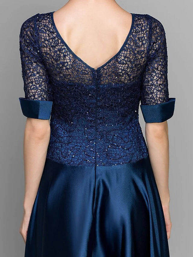 Wholesale A-Line Mother of the Bride Dress See Through Bateau Neck Ankle Length Satin Half Sleeve with Lace Pleats