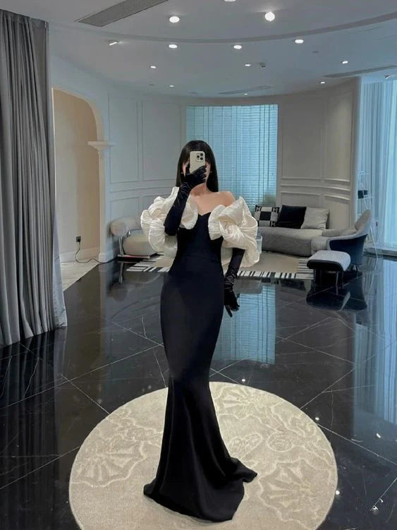 TingPo Wholesale Unique Mermaid Sweetheart Black Long Prom Dress With Sleeves
