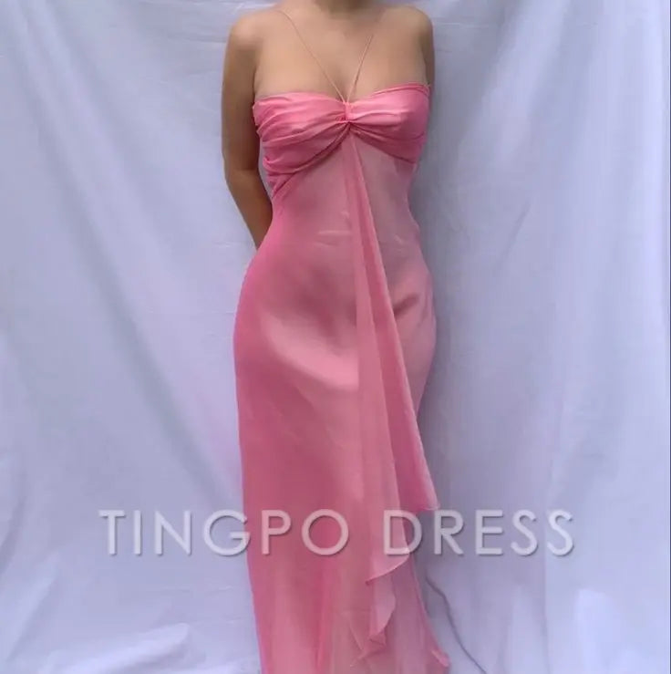 TingPo Wholesale Unique Pretty A line Halter Sleeveless Pink Chiffon Prom Dresses Long Evening Dress