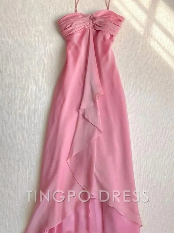 TingPo Wholesale Unique Pretty A line Halter Sleeveless Pink Chiffon Prom Dresses Long Evening Dress