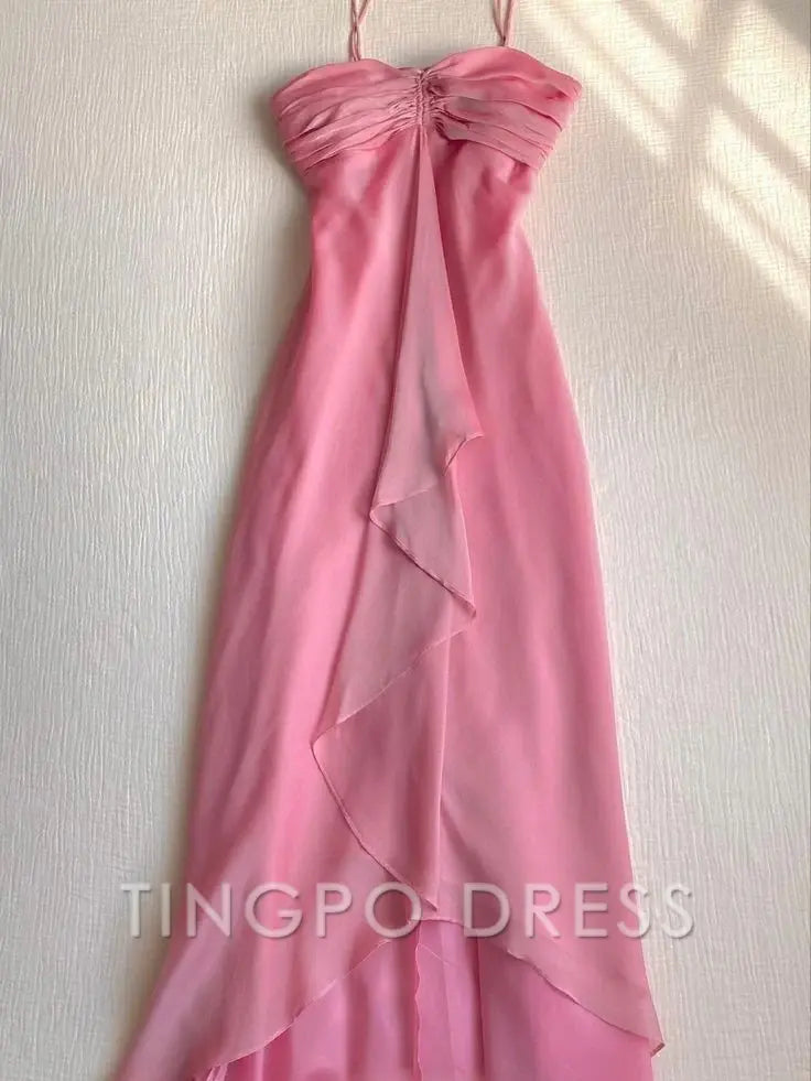 TingPo Wholesale Unique Pretty A line Halter Sleeveless Pink Chiffon Prom Dresses Long Evening Dress