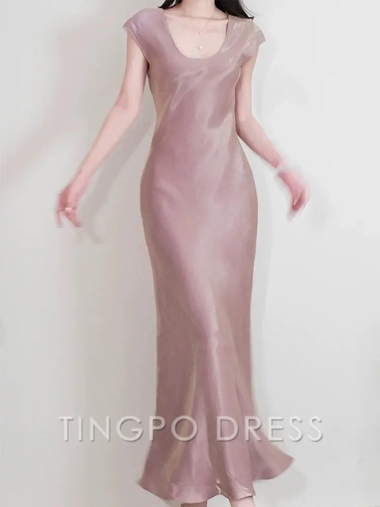 TingPo Wholesale Unique Pretty Sheath Scoop Neckline Pink Silk Chiffon Prom Dresses Ankle Length Evening Dress