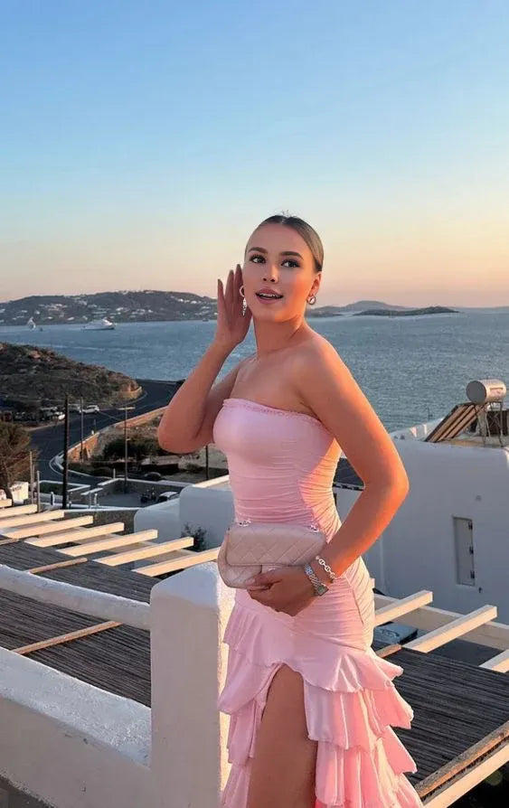 TingPo Wholesale Unique Sexy Sheath Strapless Sleeveless Pink Prom Dresses Evening Gowns