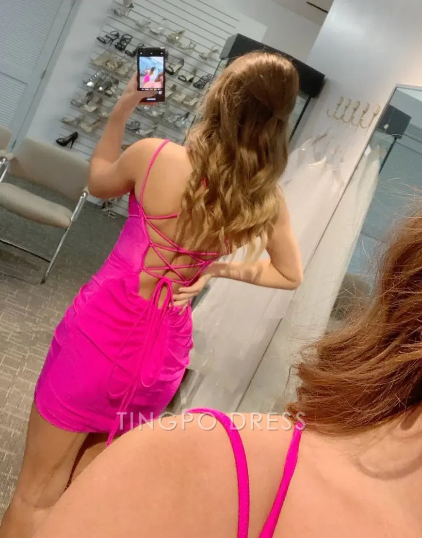 TingPo Wholesale V-neck Sexy Halter Hot Pink Homecoming Dress