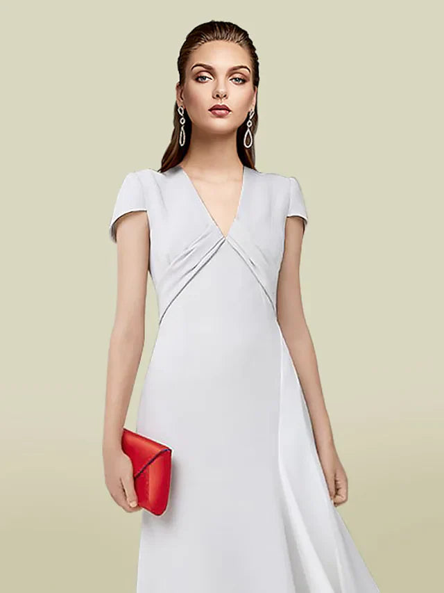 Wholesale A-Line Mother of the Bride Dress Elegant V Neck Floor Length Charmeuse Short Sleeve with Pleats