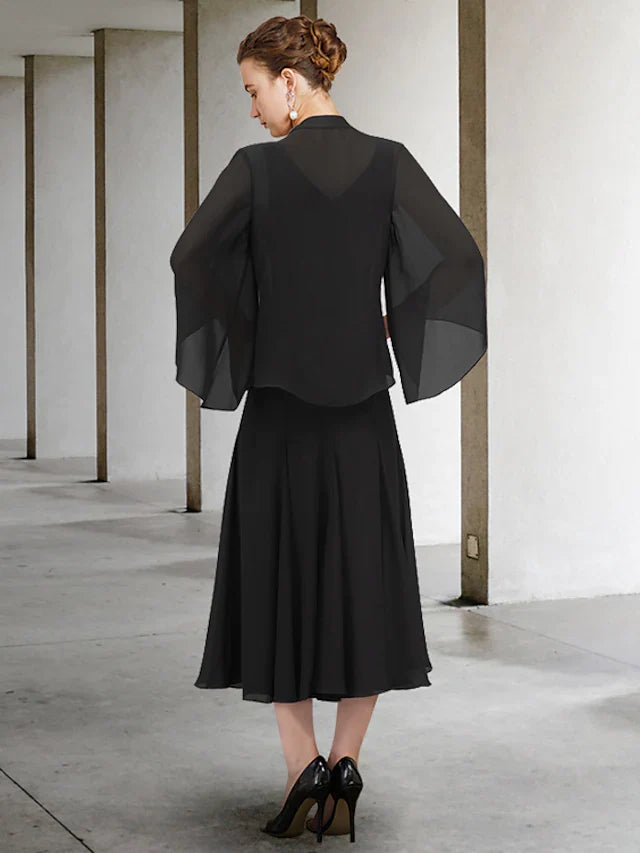 Wholesale Two Piece A-Line Mother of the Bride Dress Elegant V Neck Tea Length Chiffon Long Sleeve with Beading