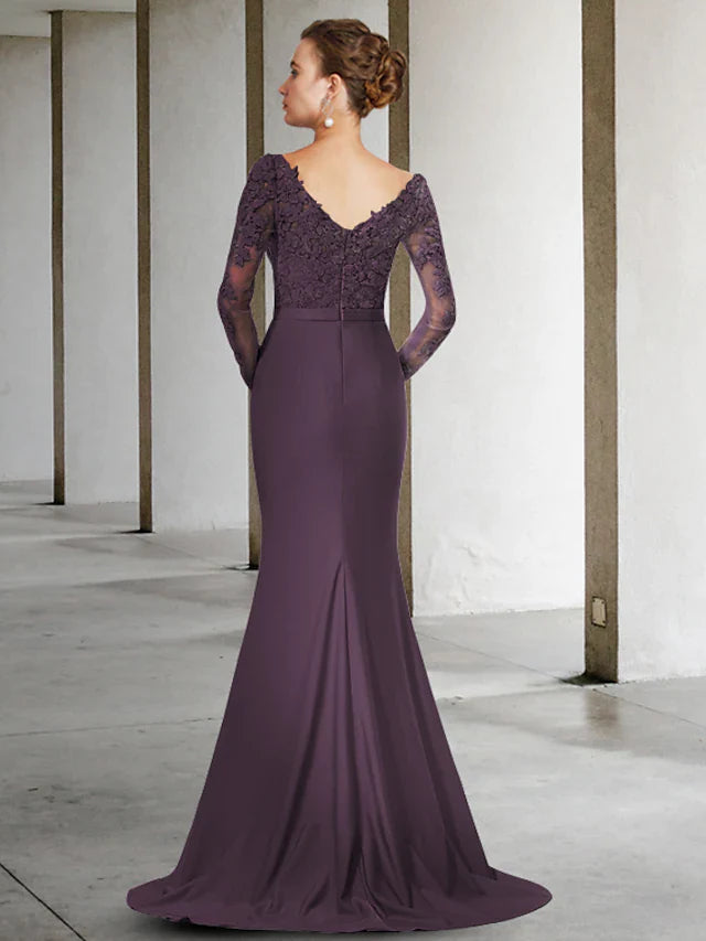 Wholesale Mother of the Bride Dress Elegant V Neck Chiffon Lace Long Sleeve with Appliques