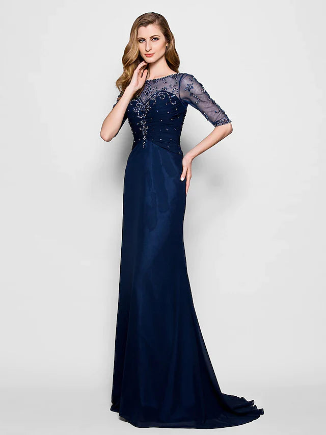 Wholesale A-Line Mother of the Bride Dress See Through Jewel Neck Chiffon Tulle Half Sleeve with Ruched Crystals Beading