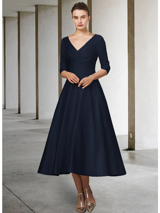 Wholesale A-Line Mother of the Bride Dress Elegant V Neck Tea Length Satin Half Sleeve with Pleats Ruching