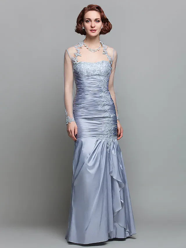 Wholesale Mother of the Bride Dress Wrap Included Strapless Floor Length Lace Taffeta Long Sleeve with Ruched Beading Appliques
