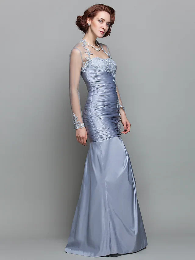 Wholesale Mother of the Bride Dress Wrap Included Strapless Floor Length Lace Taffeta Long Sleeve with Ruched Beading Appliques