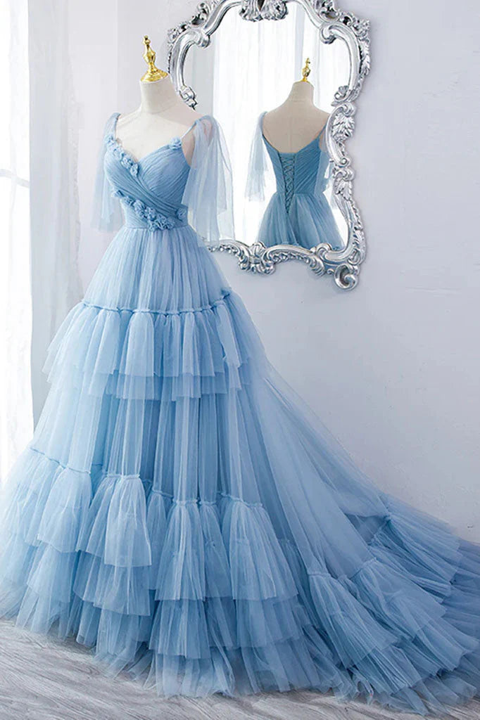 Wholesale Blue Straps Ruffles Long Prom Dress Princess Evening Dresses