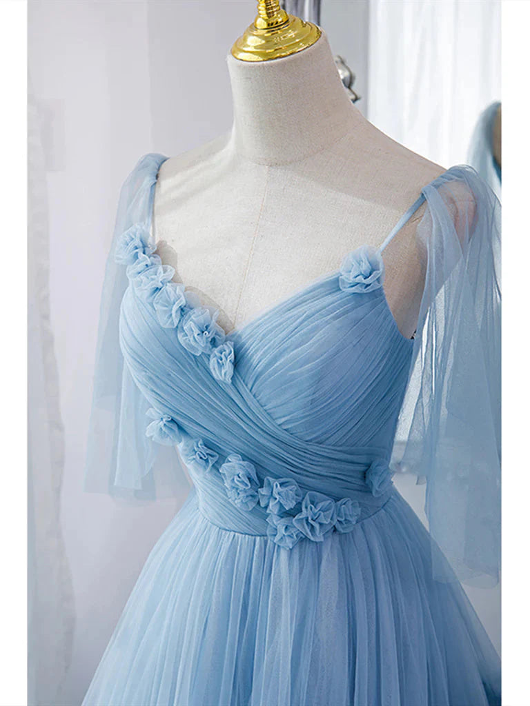 Wholesale Blue Straps Ruffles Long Prom Dress Princess Evening Dresses