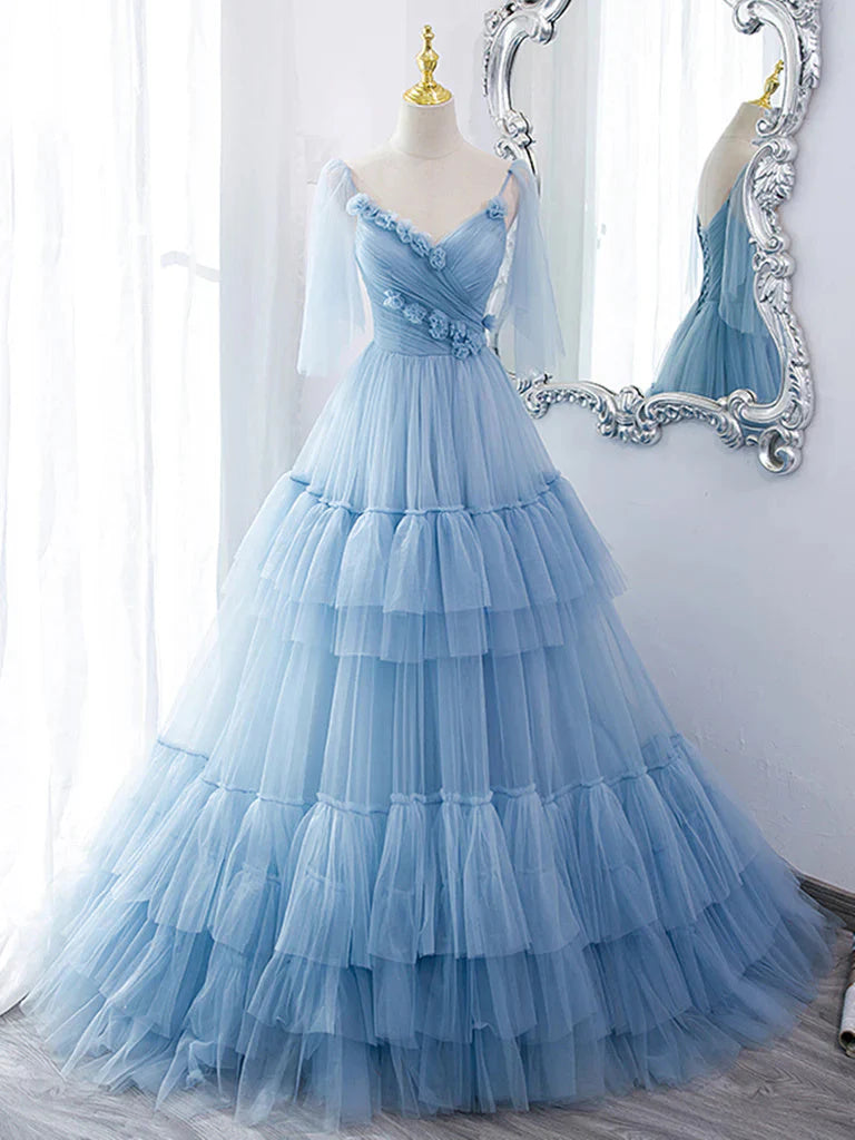 Wholesale Blue Straps Ruffles Long Prom Dress Princess Evening Dresses