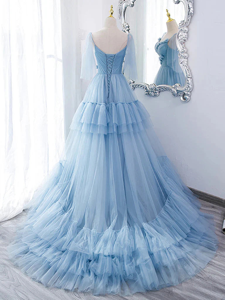 Wholesale Blue Straps Ruffles Long Prom Dress Princess Evening Dresses