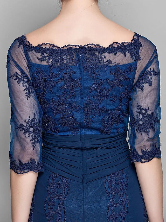 Wholesale Mother of the Bride Dress Vintage Inspired Off Shoulder Knee Length Chiffon Tulle Half Sleeve with Ruched Appliques