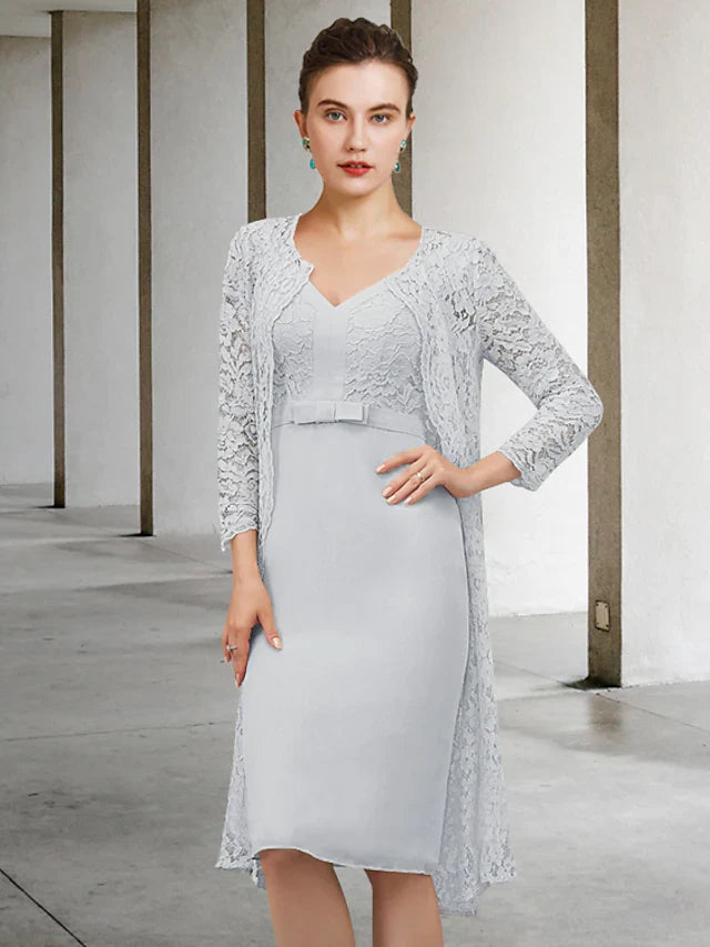 Wholesale Mother of the Bride Dress Elegant V Neck Knee Length Chiffon Lace Long Sleeve with Bow(s)