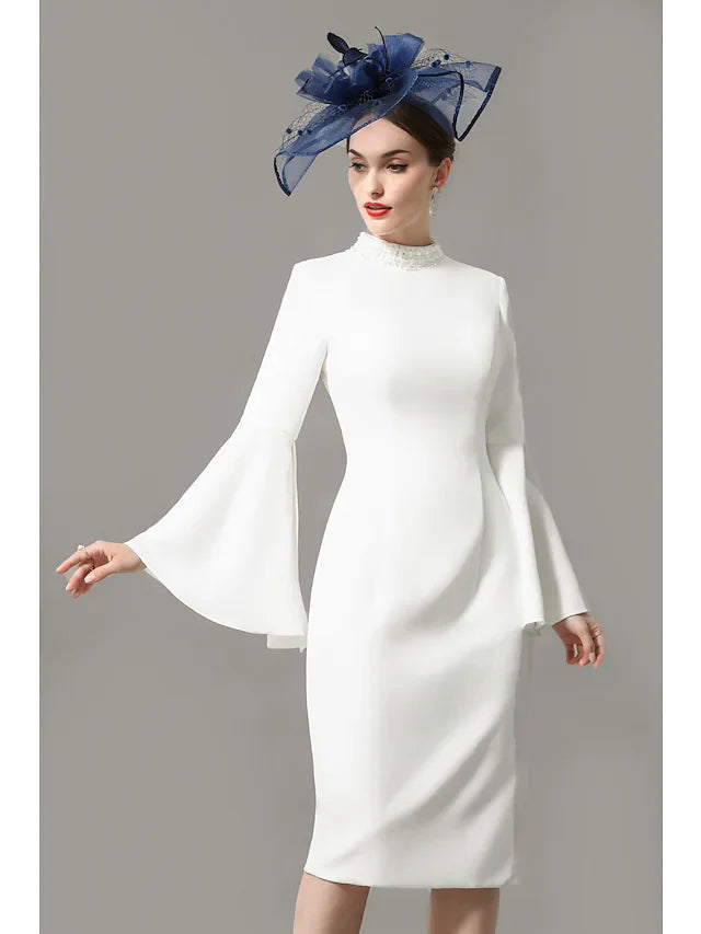 Wholesale Mother of the Bride Dress Wrap Included High Neck Knee Length Jersey 3/4 Length Sleeve with Crystals