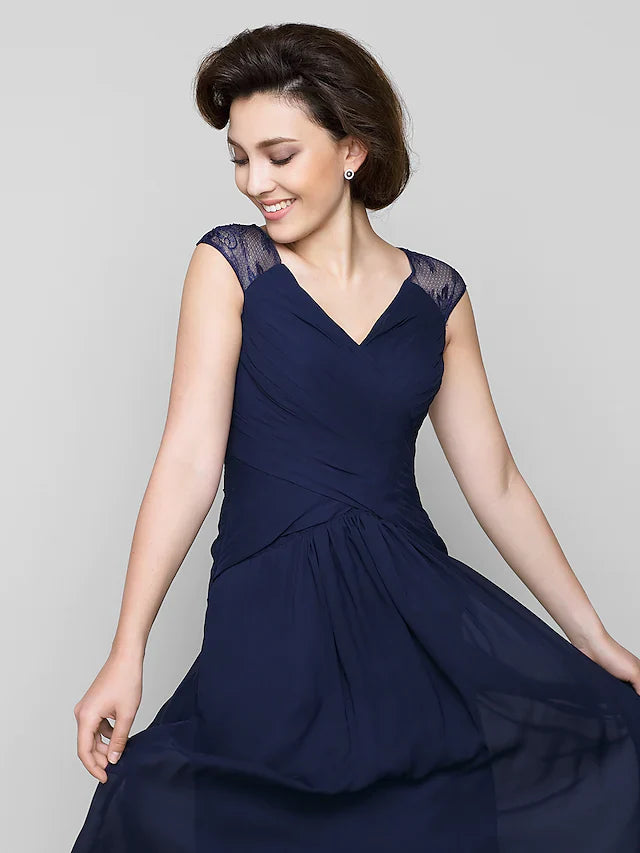 Wholesale A-Line Mother of the Bride Dress See Through V Neck Ankle Length Chiffon Lace Sleeveless with Lace Criss Cross