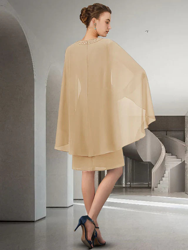 Wholesale Mother of the Bride Dress Elegant Jewel Neck Knee Length Chiffon Long Sleeve with Beading Ruffles