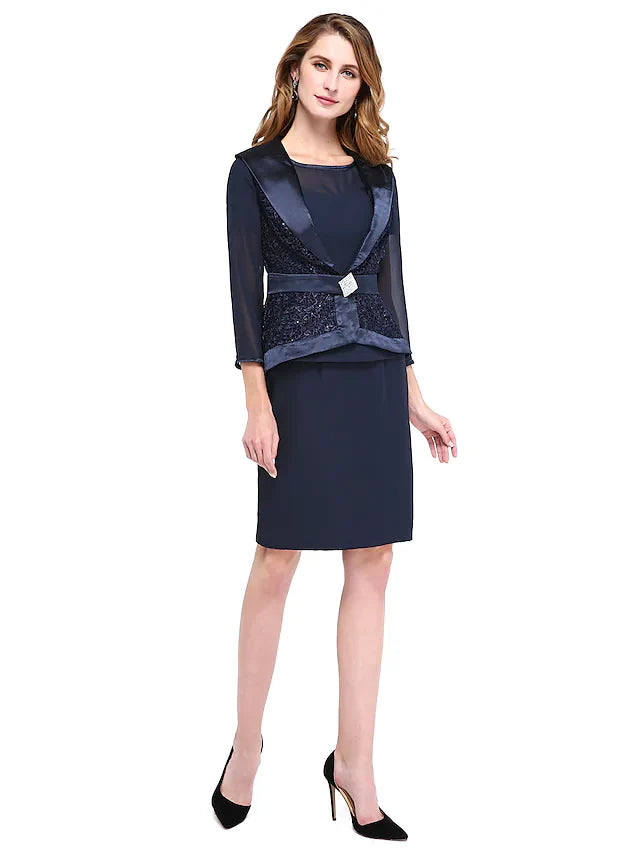 Wholesale Mother of the Bride Dress Two Piece Wrap Included Jewel Neck Knee Length Chiffon Lace Length Sleeve withCrystal Brooch Sash Ribbon