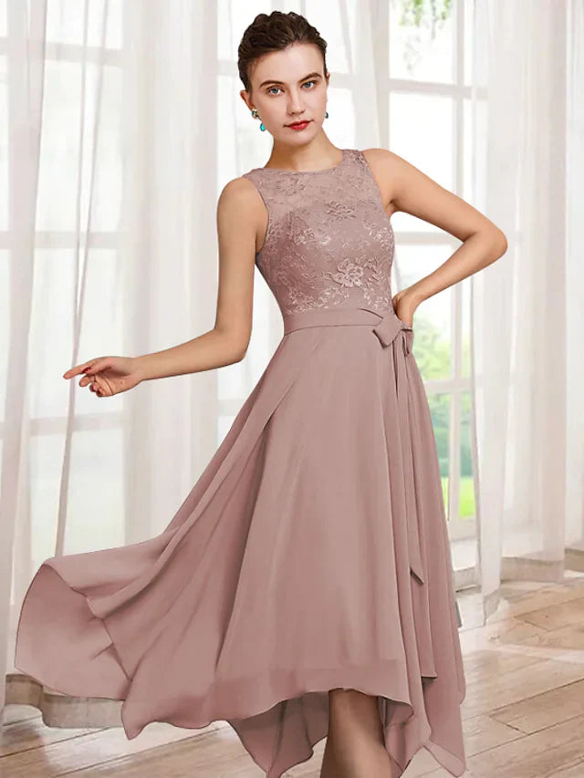 Wholesale Two Piece A-Line Mother of the Bride Dress Elegant Jewel Neck Tea Length Chiffon Lace Half Sleeve with Sash Ribbon