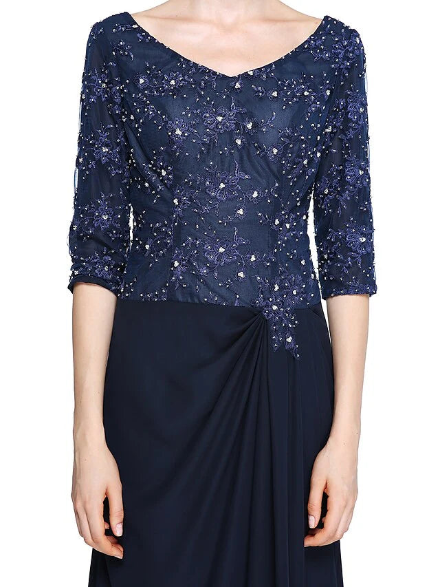 Wholesale Mother of the Bride Dress Elegant V Neck Ankle Length Chiffon Lace Half Sleeve with Lace