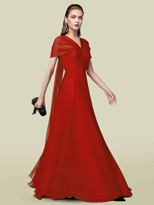 Wholesale A-Line Mother of the Bride Dress Elegant V Neck Floor Length Chiffon Short Sleeve with Pleats