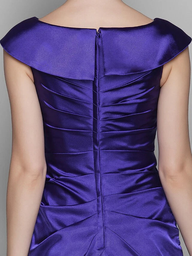 Wholesale Mother of the Bride Dress Elegant Off Shoulder Floor Length Stretch Satin Sleeveless with Beading Side Draping