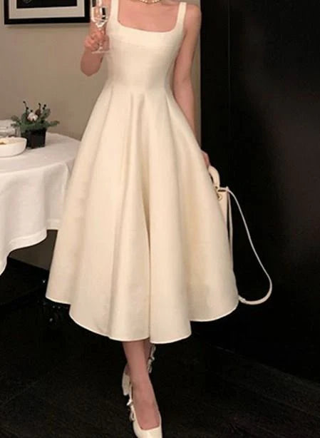 TingPo Wholesale Vintage A-Line Square Neckline Satin Prom Dress Long Formal Dresses