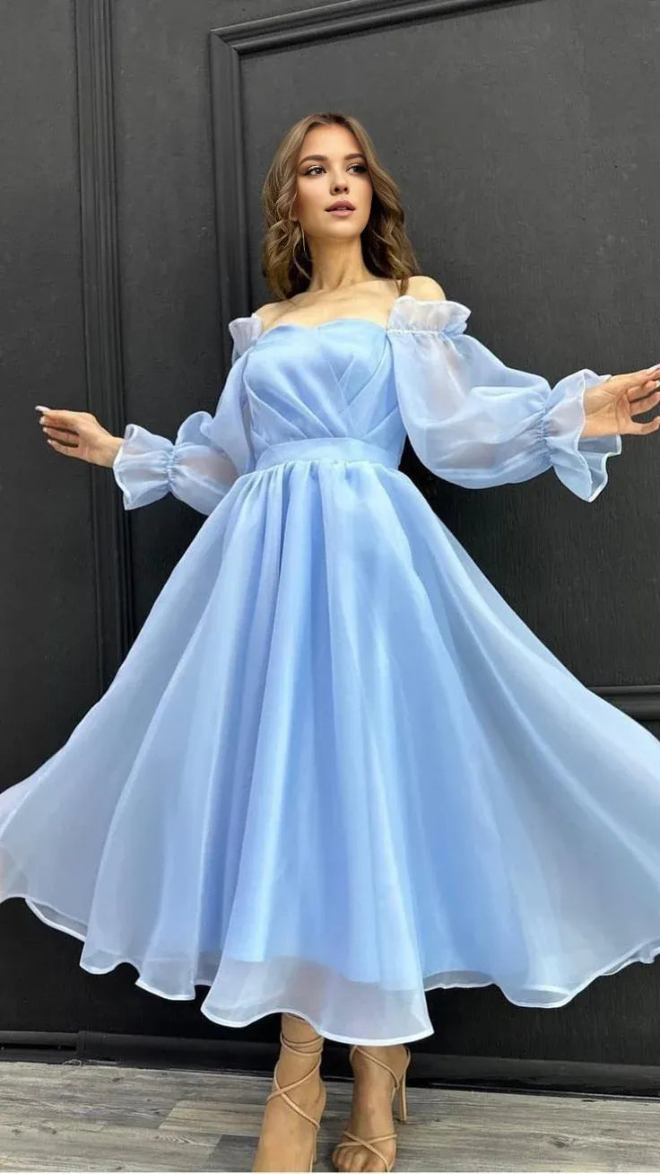 Wholesale Vintage A Line Strapless Light Sky Blue Organza Prom Dresses Evening Dress formal wear dresses ﻿