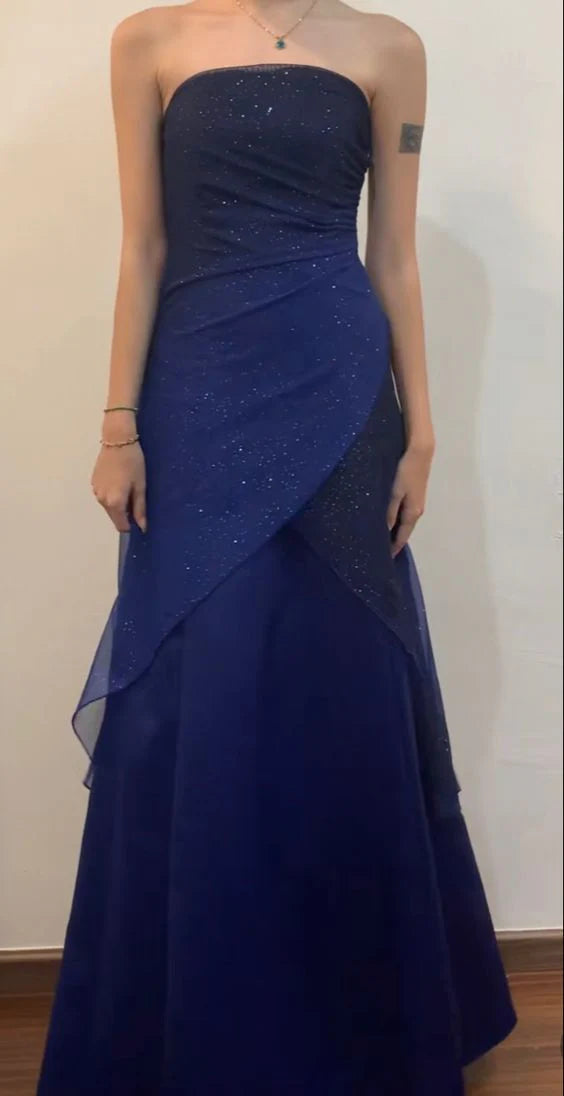 TingPo Wholesale Vintage A line Strapless Navy Blue Long Prom Dress